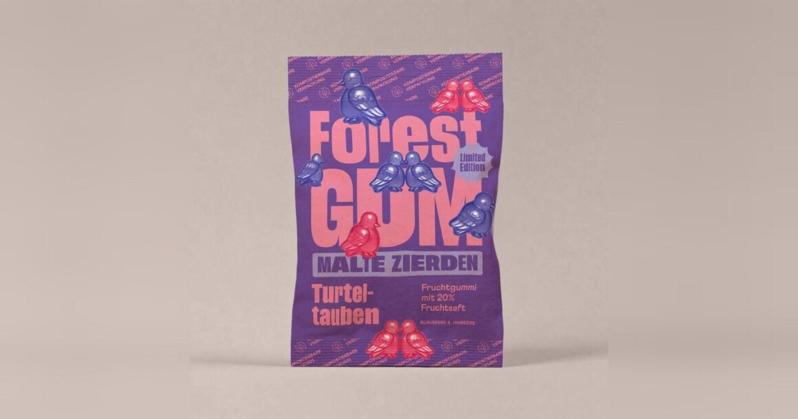 Lila Tüte Forest Gum Turteltauben mit Fruchtgummi-Tauben in Blau und Pink