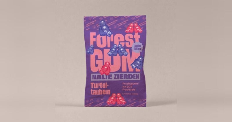 Lila Tüte Forest Gum Turteltauben mit Fruchtgummi-Tauben in Blau und Pink