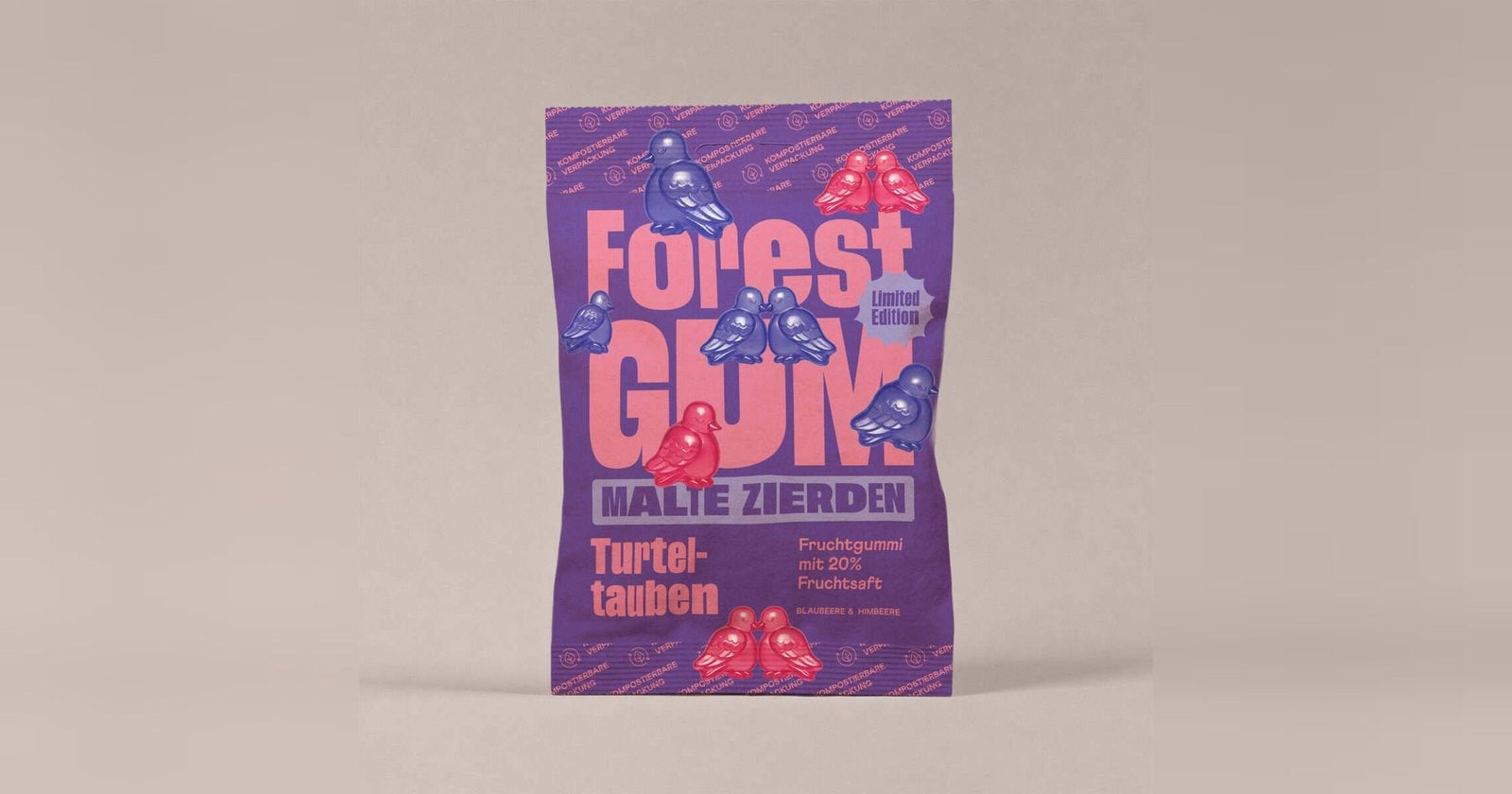Lila Tüte Forest Gum Turteltauben mit Fruchtgummi-Tauben in Blau und Pink