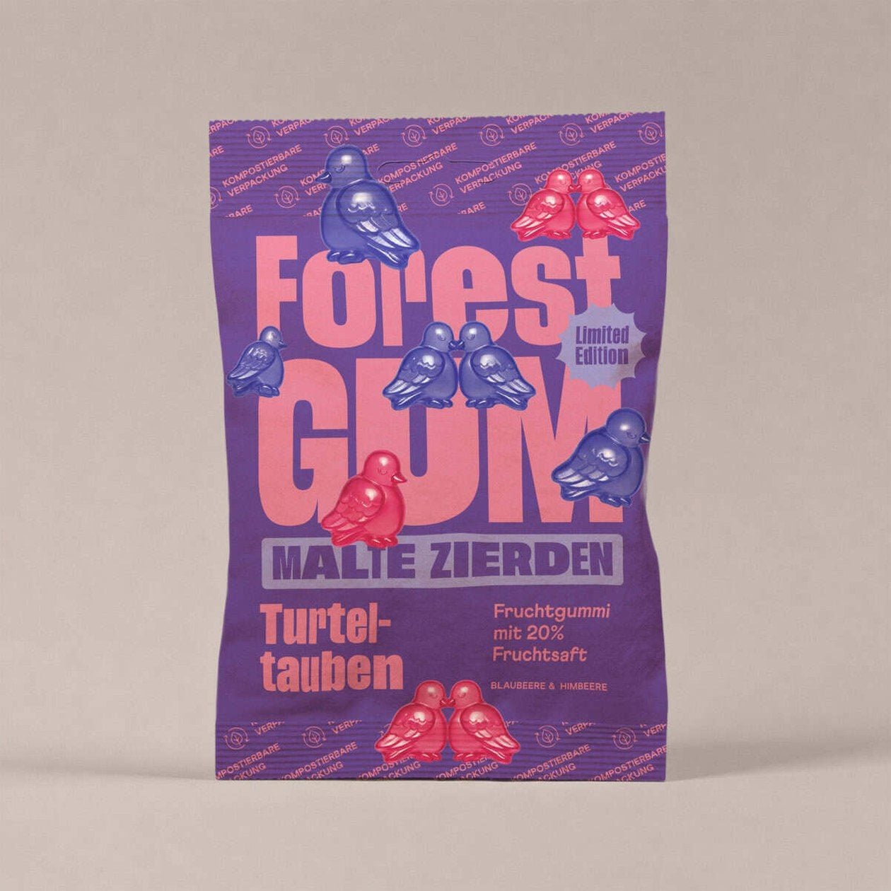 Packung Forest Gum Turteltauben, Limited Edition mit Malte Zierden, Blaubeere und Himbeere