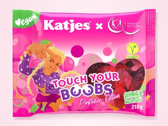 Packung Katjes Fruchtgummi Touch your boobs Pinktober Edition mit V-Label vegan
