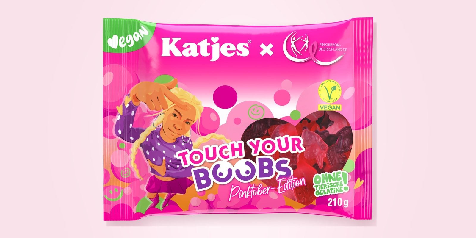 Packung Katjes Fruchtgummi Touch your boobs Pinktober Edition mit V-Label vegan