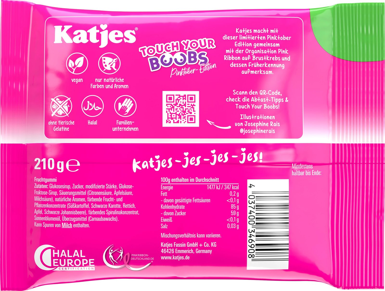 Rückseite der Katjes Touch your boobs Packung mit Zutaten und QR-Code zur Abtast-Anleitung