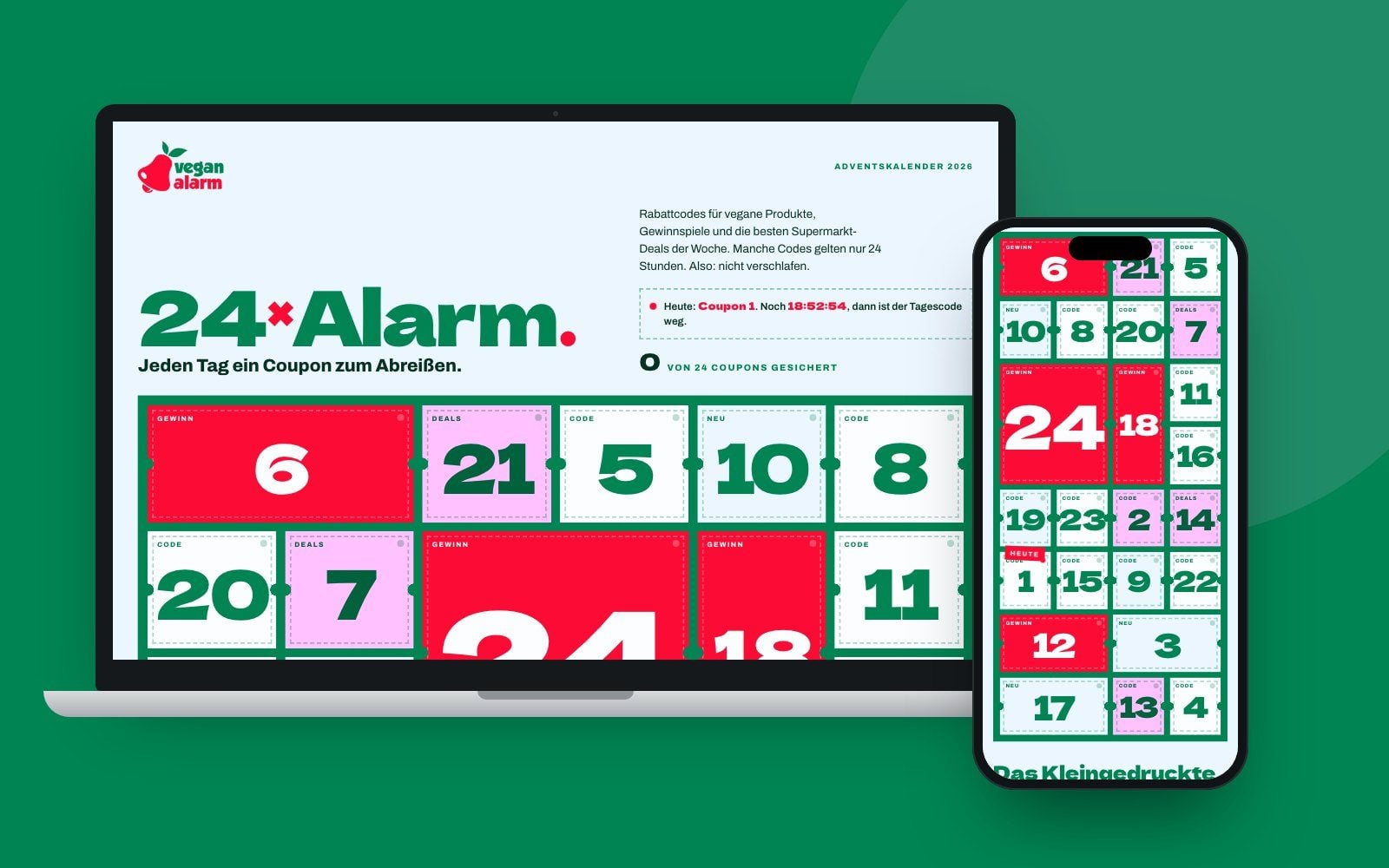 Der Adventskalender von Vegan Alarm auf Laptop und Smartphone
