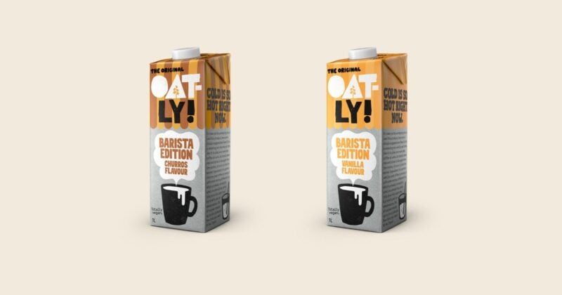 Oatly Barista Edition Churros Flavour und Vanilla Flavour, zwei 1-Liter-Packungen nebeneinander
