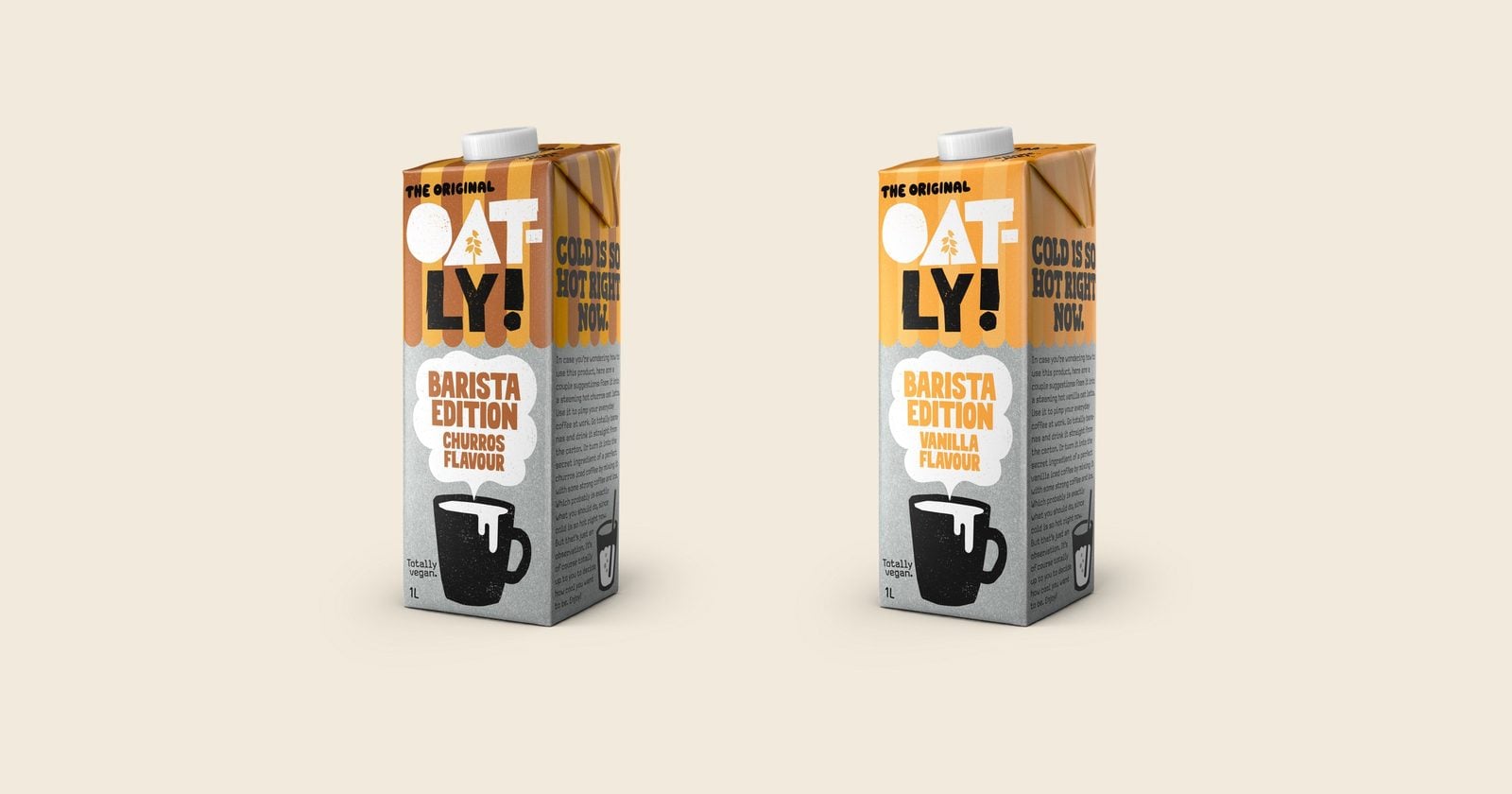 Oatly Barista Edition Churros Flavour und Vanilla Flavour, zwei 1-Liter-Packungen nebeneinander