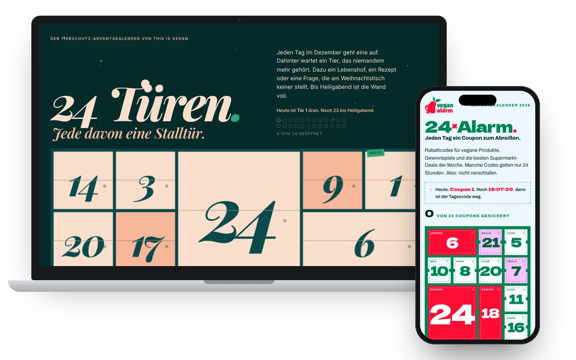 Die Online-Adventskalender von This Is Vegan auf dem Laptop und von Vegan Alarm auf dem Smartphone