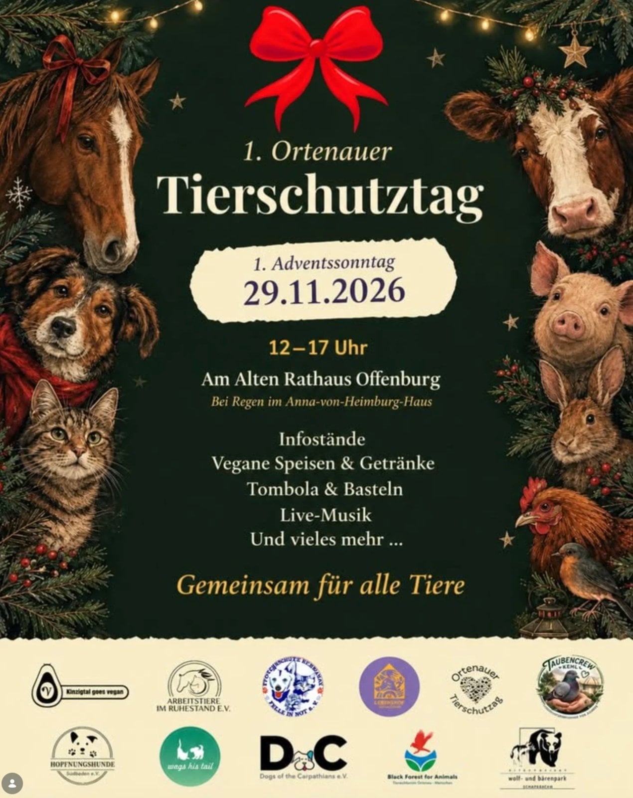 Plakat zum 1. Ortenauer Tierschutztag am 29. November 2026 in Offenburg mit gezeichneten Tieren und den Logos der beteiligten Vereine