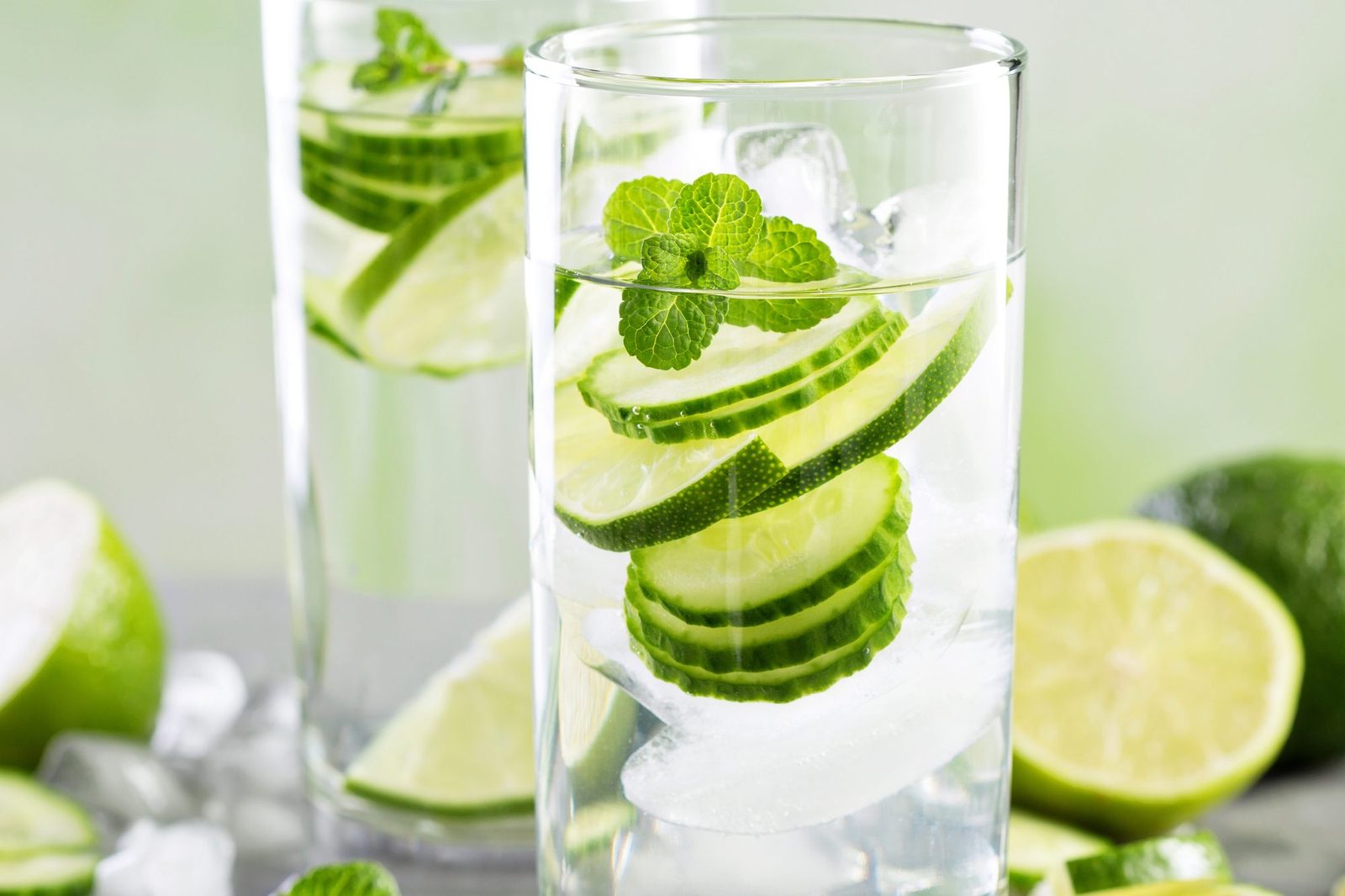 Zwei hohe Gläser mit klarem Wasser, Gurkenscheiben, Minzblättern und Eiswürfeln, davor und daneben halbierte Limetten, Gurkenscheiben und zerstoßenes Eis auf grauem Untergrund.
