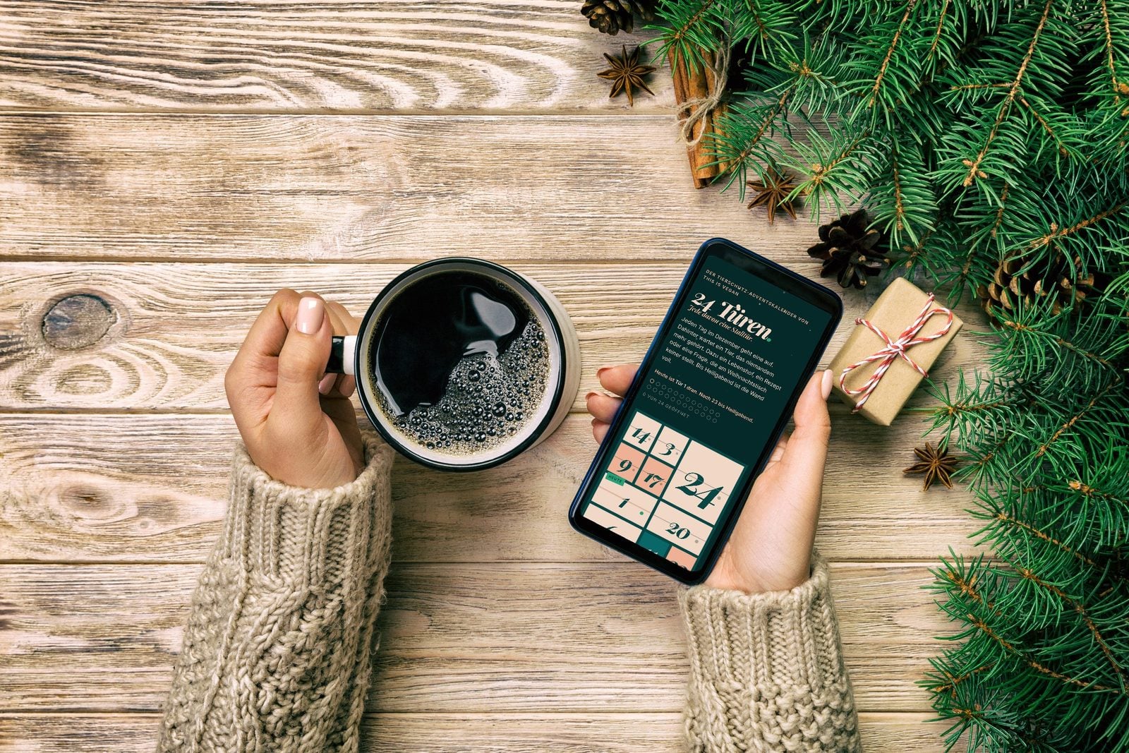 Smartphone mit dem Tierschutz-Adventskalender von This Is Vegan