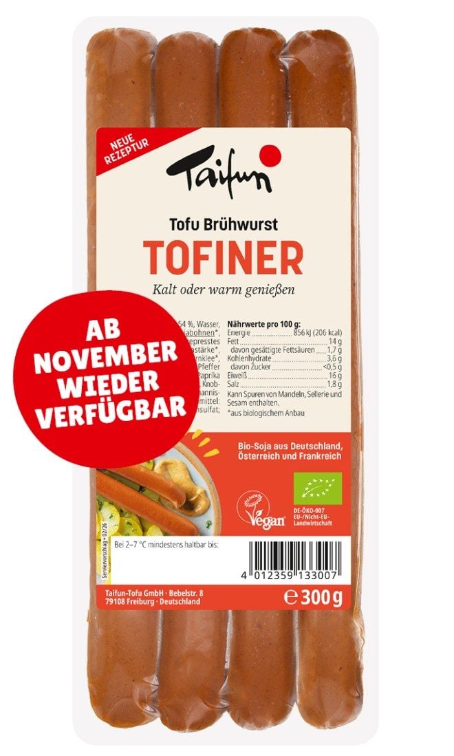 Packung Taifun Tofu Brühwurst Tofiner mit Aufkleber Neue Rezeptur und Ab November wieder verfügbar