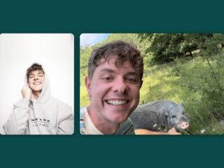Pressefoto von Jonas Ems und Selfie von Jonas Ems mit dem Mini-Schwein Eddie