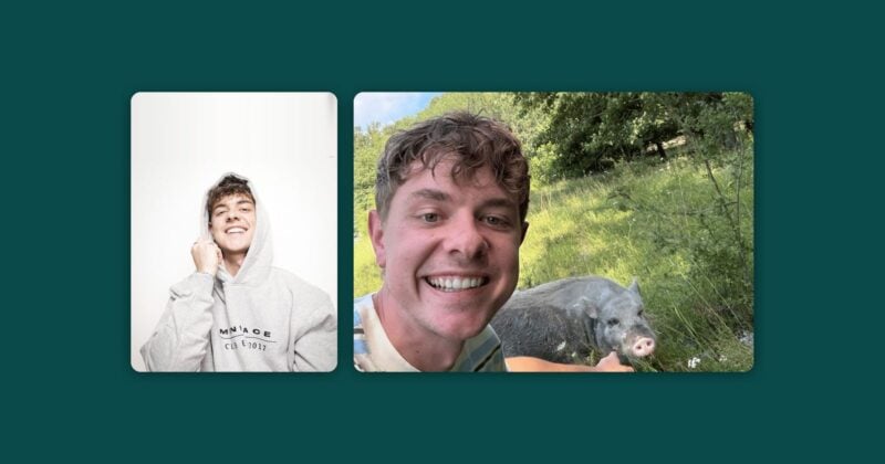 Pressefoto von Jonas Ems und Selfie von Jonas Ems mit dem Mini-Schwein Eddie