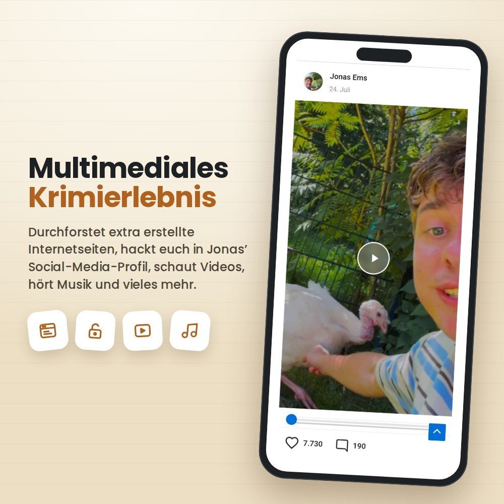 Grafik: Smartphone mit Social-Media-Profil von Jonas Ems als Teil des Krimispiels