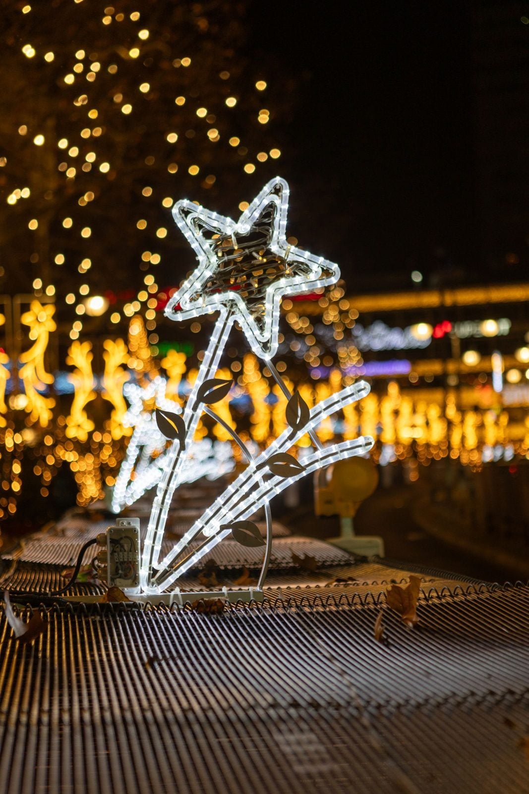 Symbolbild: leuchtender Stern aus Lichterschläuchen vor weihnachtlicher Beleuchtung