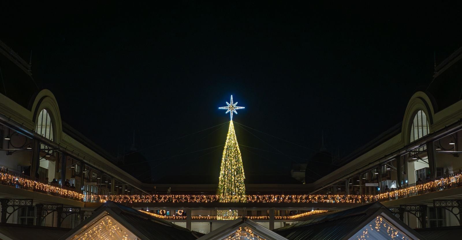 Symbolbild: Markthalle mit Lichterbaum, Stern und weihnachtlicher Beleuchtung