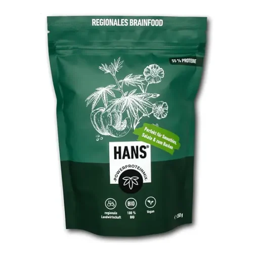 Verpackung Proteinpulver von Hans in grüner Farbe
