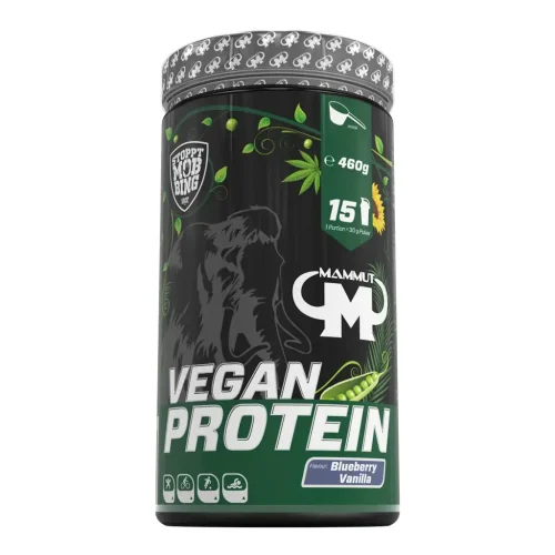 Verpackung mit Proteinpulver von Mammut im Geschmack Blaubeere Vanille