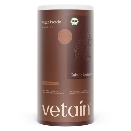 Vetain Vegan Protein Pulver Kakao-Geschmack in brauner Bio-Dose, 600g, 20 Portionen, ohne Süßstoffe und Allergene, vegan und natürlich