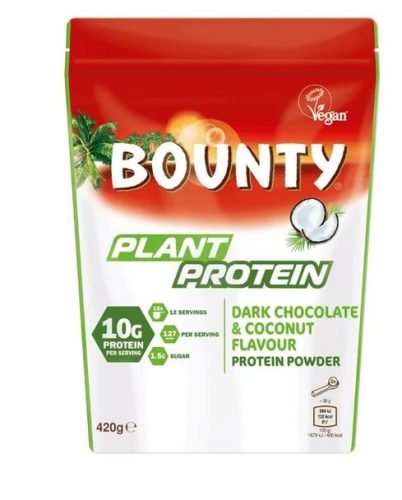 Verpackung mit veganem Protein Pulver von Bounty in der Geschmacksrichtung Dark Chocolate und Kokosnuss