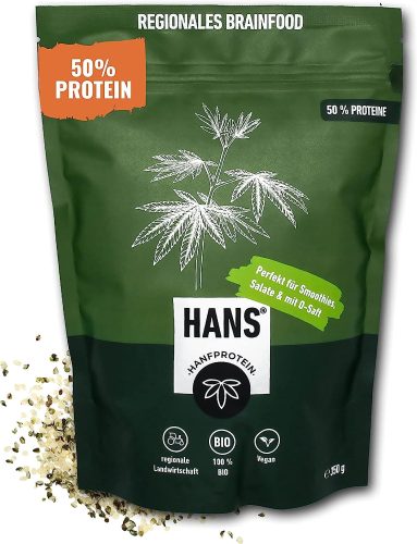 Verpackung mit Protein Pulver von Hans in der Geschmacksrichtung Hanfprotein