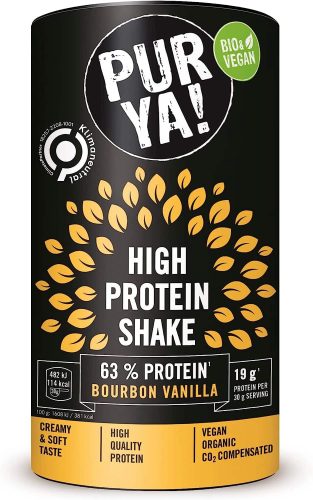 Verpackung mit High Protein Shake Pulver von Pur Ya! in der Geschmacksrichtung Bourbon Vanille