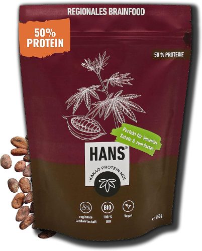Verpackung mit Protein Pulver von Hans in der Geschmacksrichtung Kakao