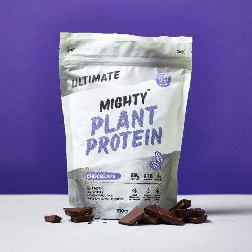 Verpackung mit veganem Protein Pulver von Mighty in der Geschmacksrichtung chocolate