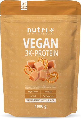 Verpackung mit veganem Protein Pulver von Nutri+ in der Geschmacksrichtung Caramel-Salated Brezel