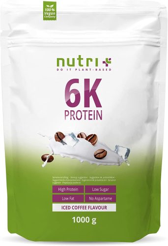 Verpackung mit veganem Protein Pulver von Nutri+ in der Geschmacksrichtung Eiskaffee