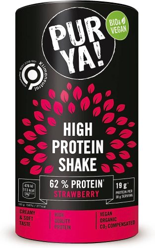 Verpackung mit High Protein Shake Pulver von Pur Ya! in der Geschmacksrichtung Himbeere