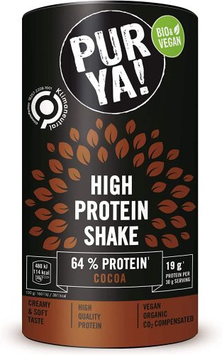 Verpackung mit High Protein Shake Pulver von Pur Ya! in der Geschmacksrichtung Cocoa