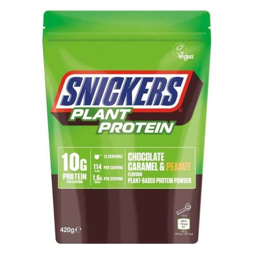 Verpackung mit veganem Protein Pulver von Snickers in der Geschmacksrichtung Chocolate Caramel und Peanut